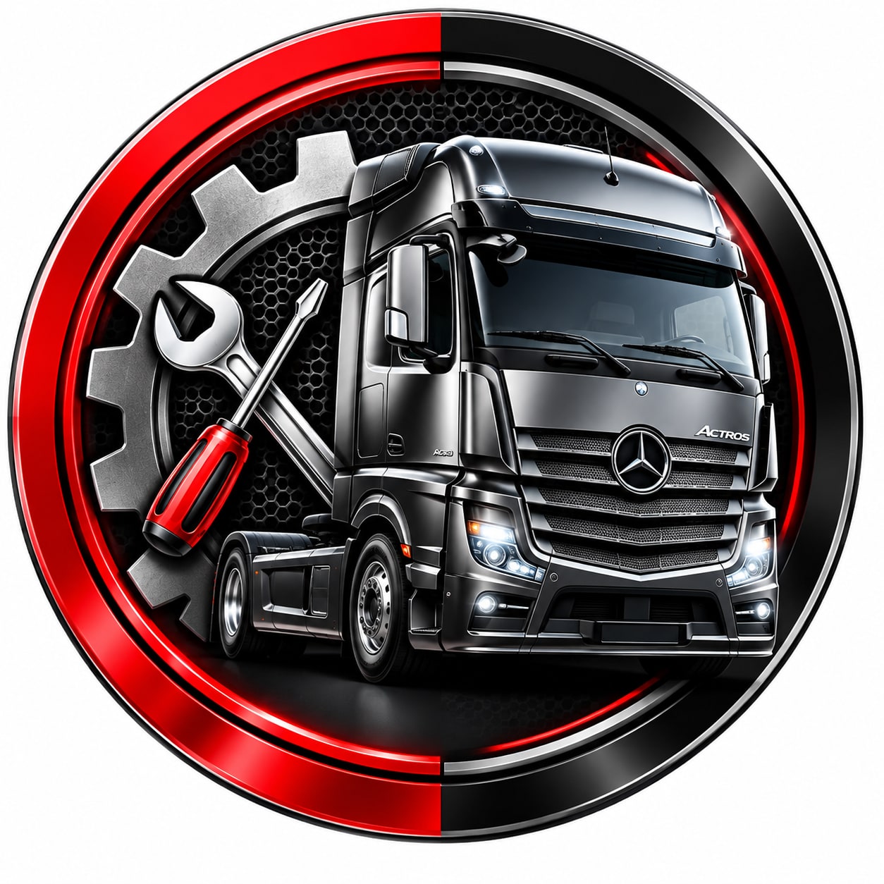 Circular red-and-chrome emblem with Mercedes Benz truck and workshop tools